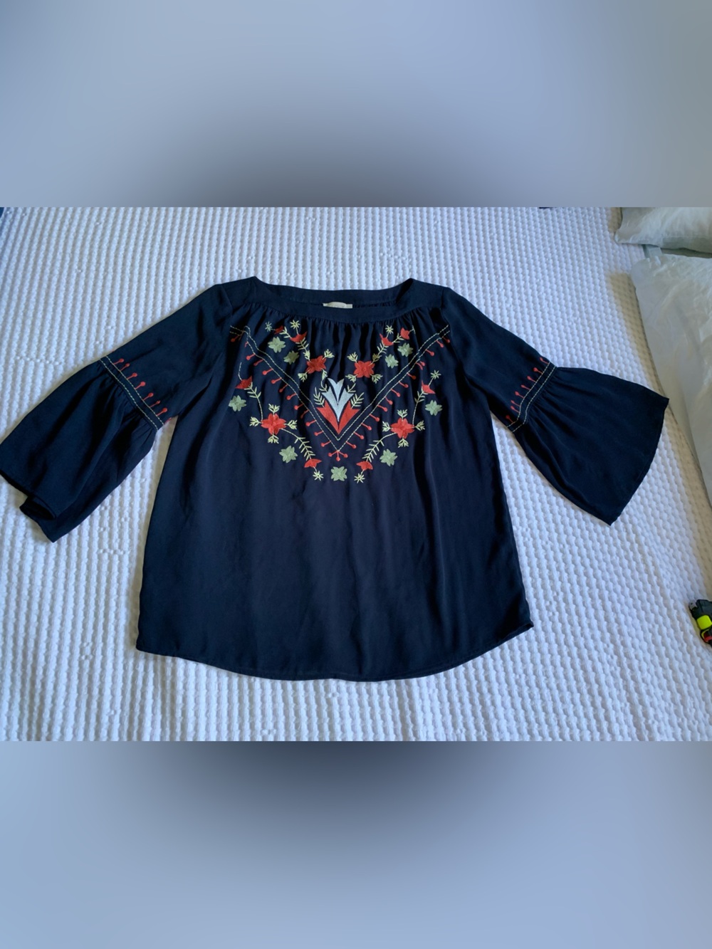 LOFT Navy Embroidered Floral Bell-Sleeve Top Size XS